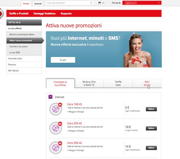Screenshot che mostra come attivare Vodafone Exclusive