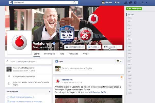 Screenhsot della fanpage Facebook di Vodafone