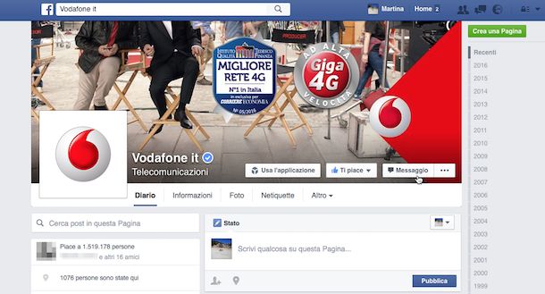 Screenshot che mostra come chattare con Vodafone su Facebook