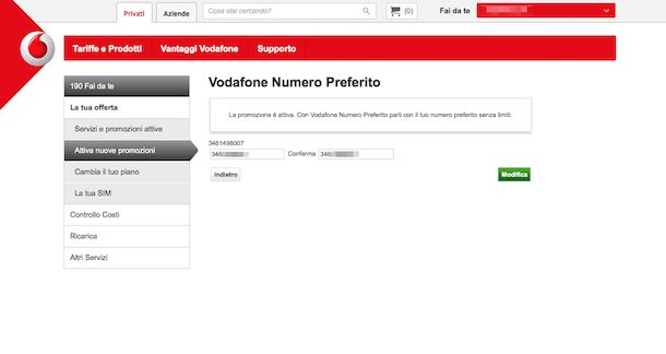 Screenshot che mostra come modificare il numero preferito Vodafone