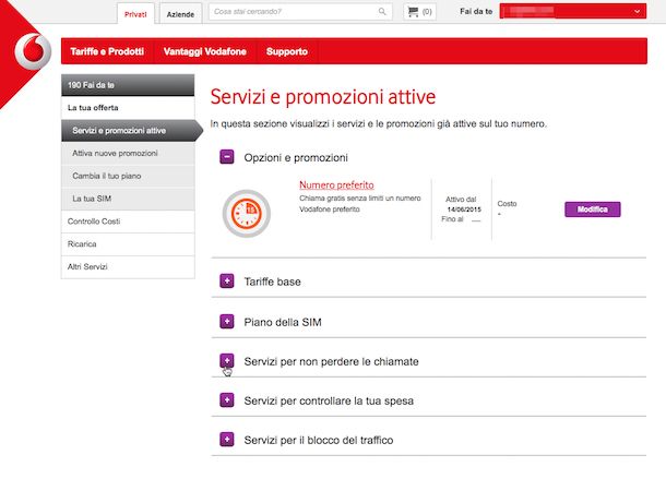 Screenshot del sito Internet di Vodafone