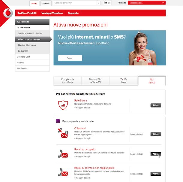 Screenshot del sito Internet di Vodafone