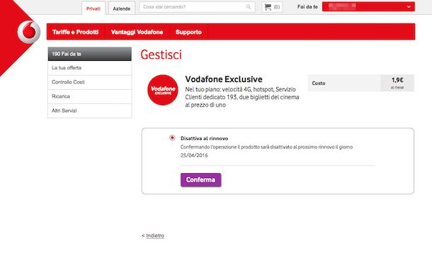 Screenshot del sito Internet di Vodafone