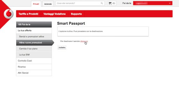 Screenshot del sito Internet Vodafone