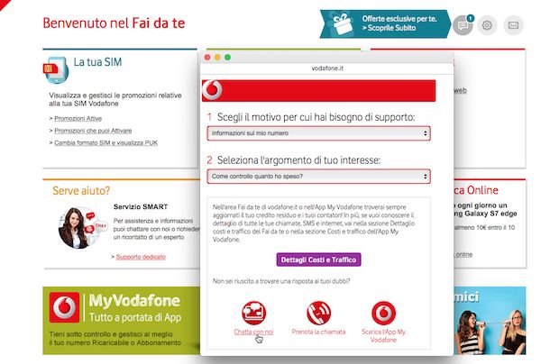 Screenshot che mostra come chattare con Vodafone tramite sito Internet dell'operatore