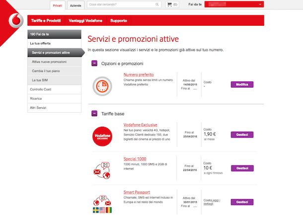 Screenshot del sito Internet di Vodafone