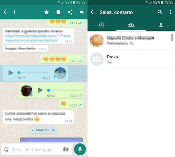 Screenshot che mostra come inoltrare messaggi vocali tramite Android