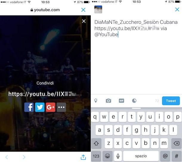 Screenshot che mostra come twittare video YouTube