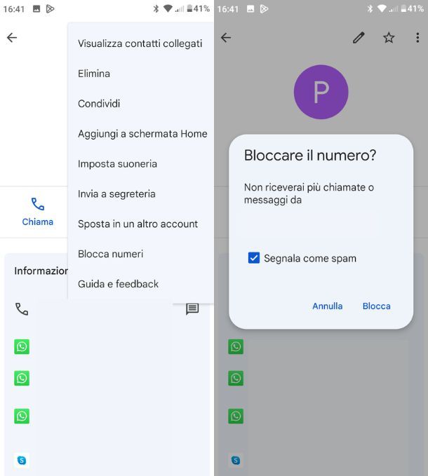 Bloccare un numero su Contatti Android