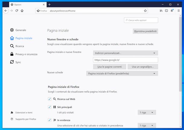 Impostare Google come pagina iniziale su Firefox