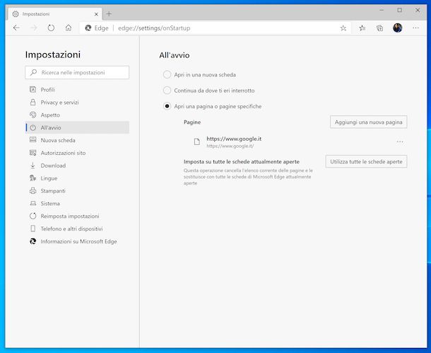 Impostare Google come pagina iniziale su Edge