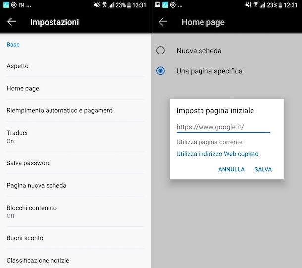 Impostare Google come pagina iniziale su Edge Android