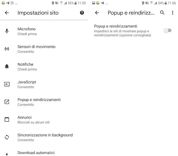 Blocco popup Chrome Android