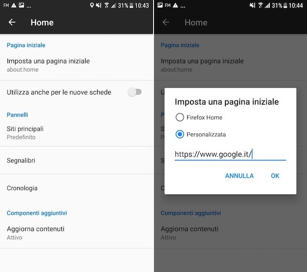 Impostare Google come pagina iniziale su Firefox Android