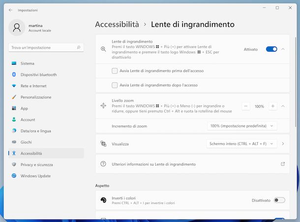 Windows 11 impostazioni Lente di ingrandimento