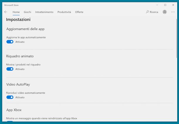 Aggiornamenti automatici Microsoft Store