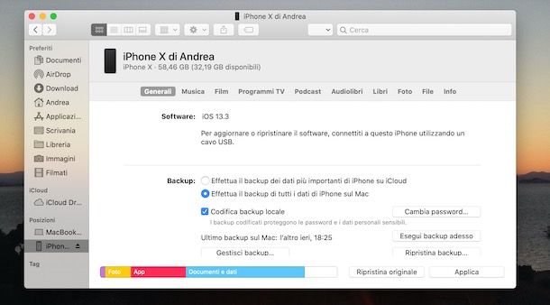 Come fare backup iPhone su Mac