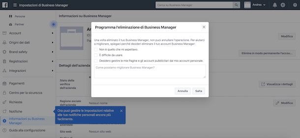 Come eliminare account Facebook Business