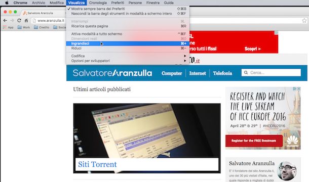 Screenshot che mostra come zoomare la pagina Internet