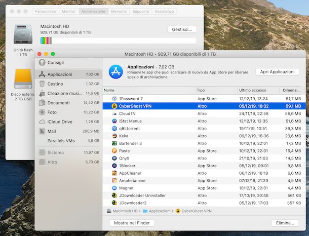 Disinstallazione applicazioni macOS tramite lo strumento per gestire lo spazio d'archiviazione