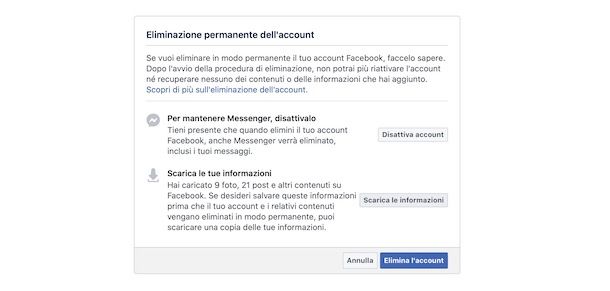 Eliminare account Facebook da computer