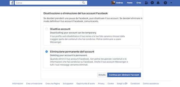 Come eliminare account Facebook da PC