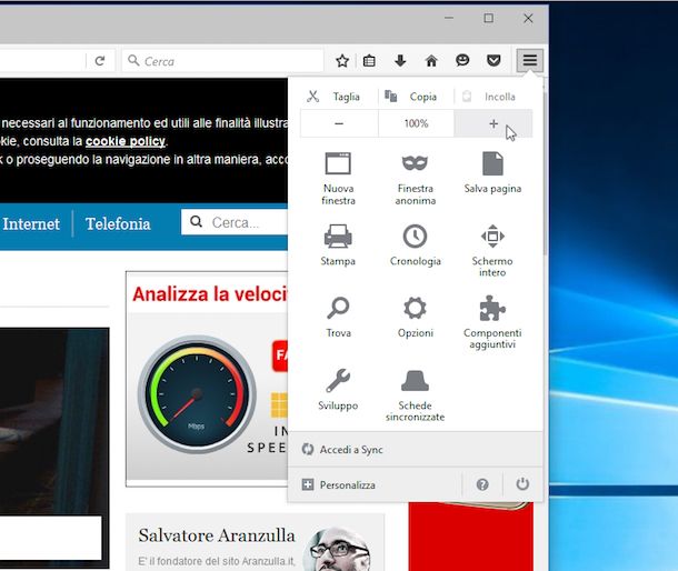 Screenshot che mostra come zoomare la pagina Internet