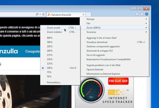 Screenshot che mostra come zoomare la pagina Internet