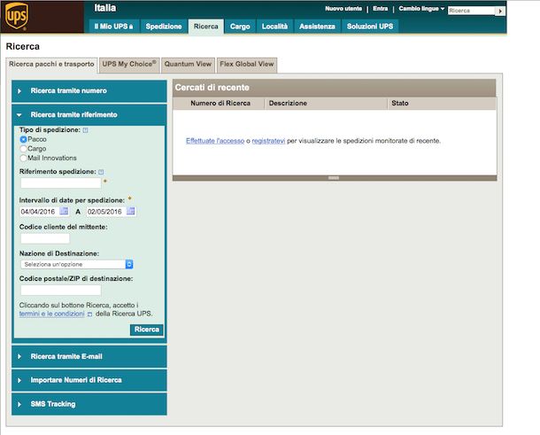 Screenshot che mostra come rintracciare pacco UPS