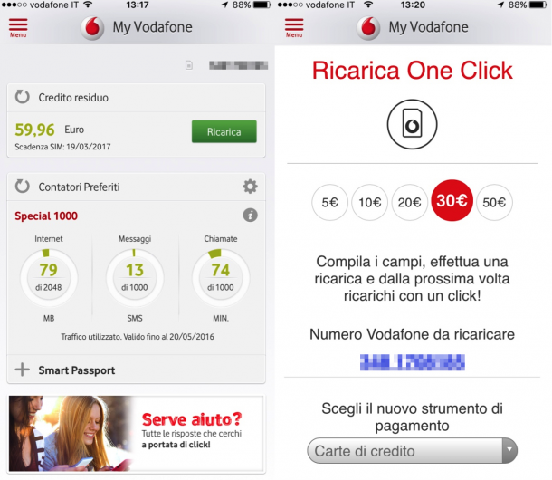 Screenshot che mostra come regalare una ricarica Vodafone