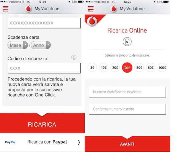 Screenshot che mostra come regalare una ricarica Vodafone