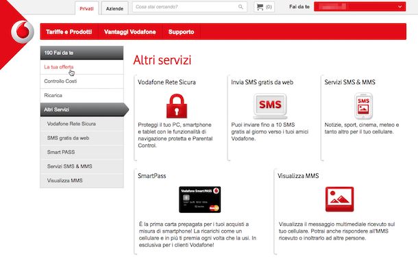 Screenshot sito Vodafone