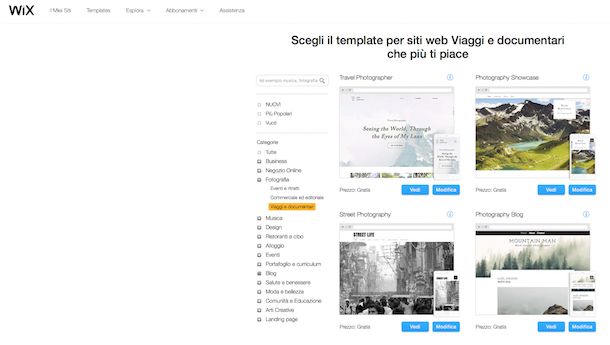Screenshot di WIx