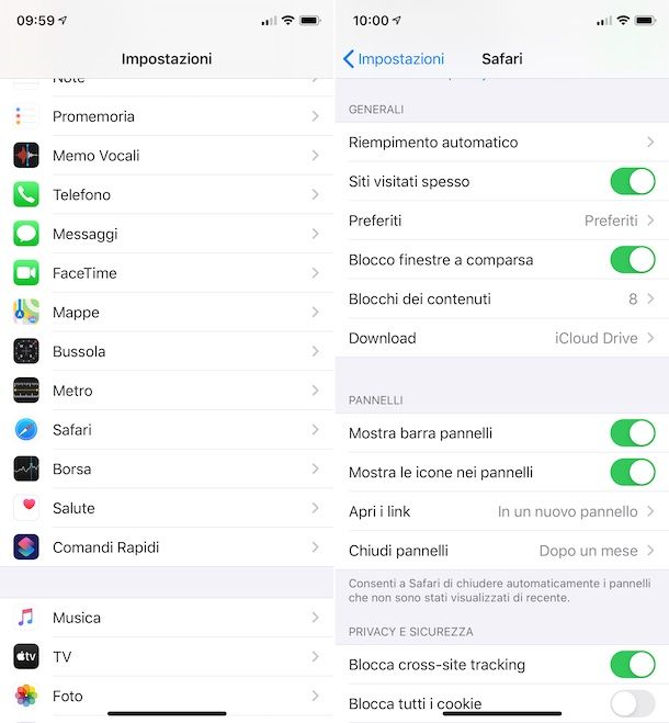 Impostazioni popup Safari iPhone