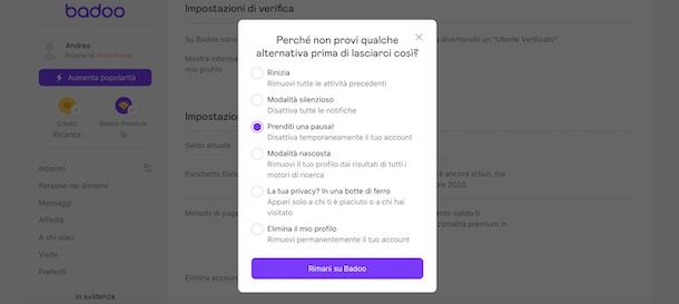 Disattivare account Badoo da computer