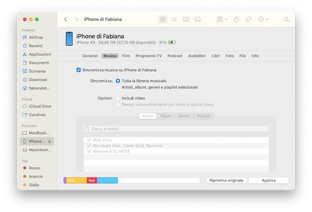 Trasferire musica su iPhone con Finder