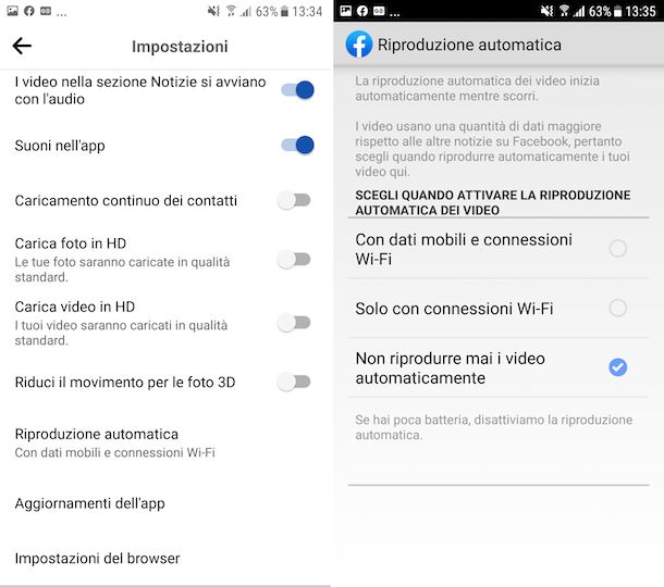 Riproduzione automatica video Facebook Android