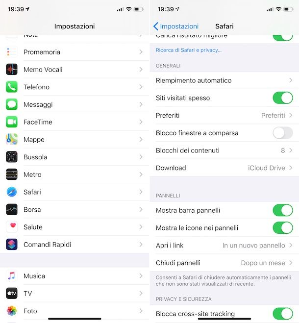 Impostazioni popup Safari iPhone