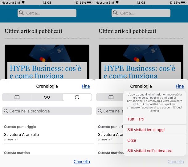 Cancellare cronologia Safari