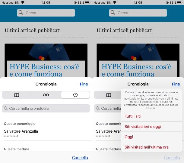 Cancellare cronologia Safari