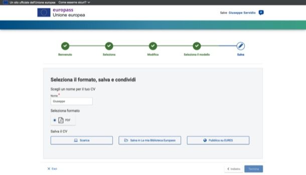 Salvare curriculum europeo