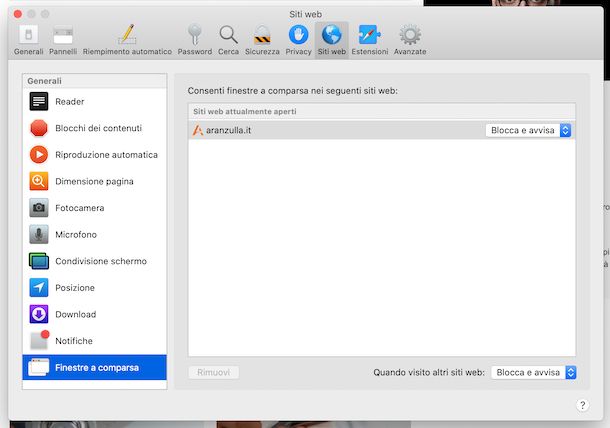 Preferenze popup Safari macOS