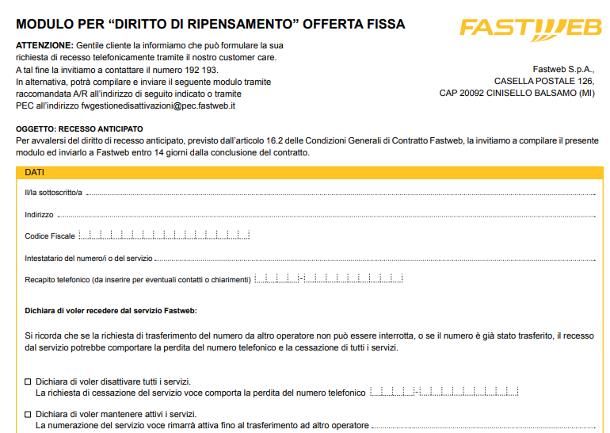 Disdetta Fastweb: modulo