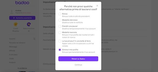 Eliminare account Badoo da computer