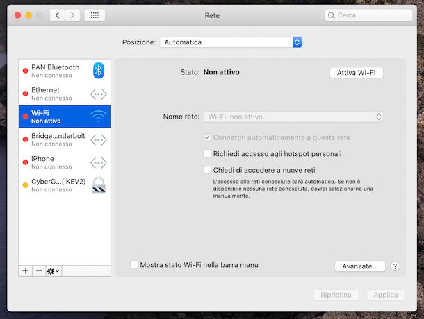 Riattivare rete wireless macOS