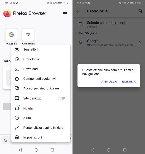 Cancellare cronologia Firefox