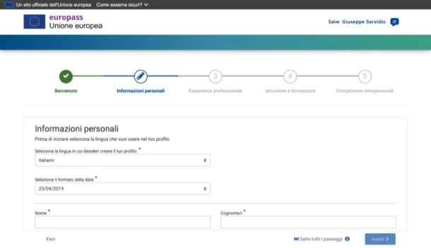 Informazioni personali Europass