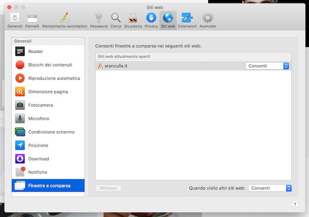 Preferenze popup Safari macOS