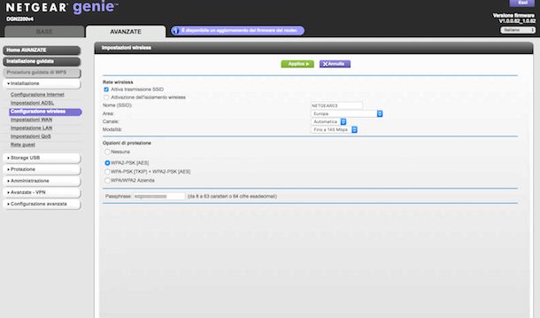 Password Wi-Fi pannello di controllo modem 