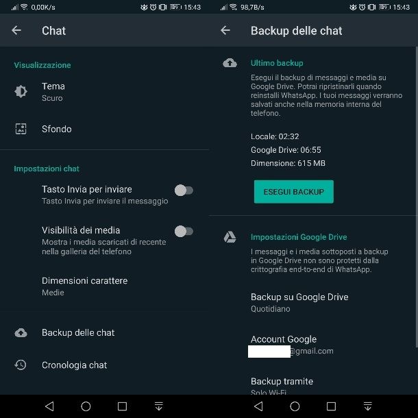 Salvare chat WhatsApp tramite backup su Android